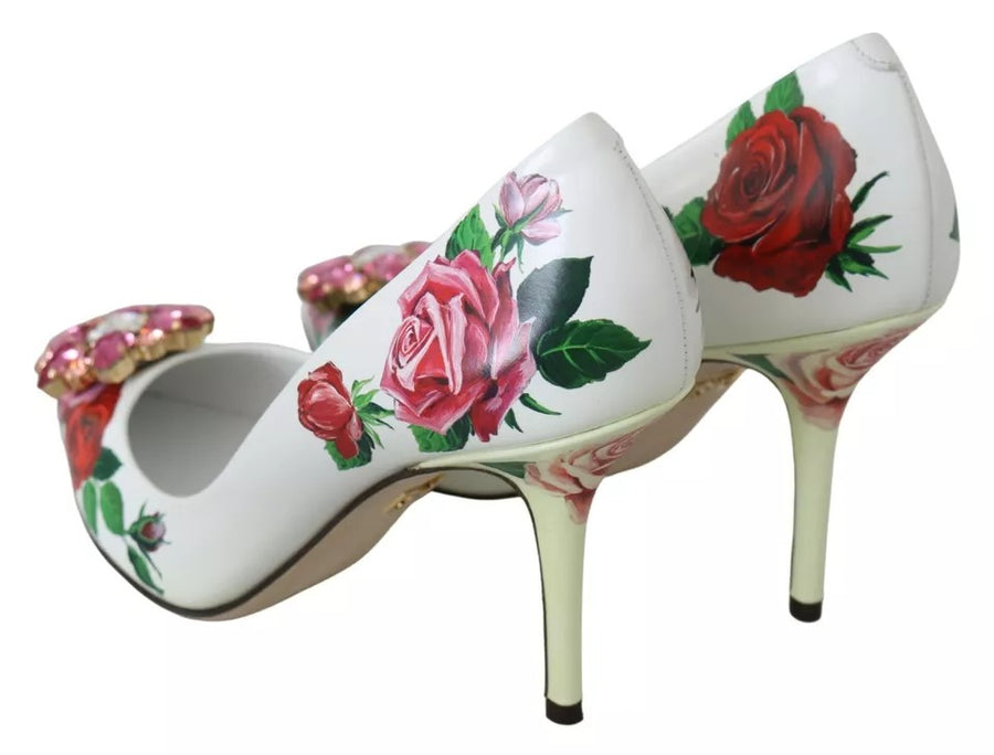 Dolce & Gabbana White Leather Roses Crystal Pumps Shoes