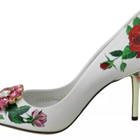 Dolce & Gabbana White Leather Roses Crystal Pumps Shoes