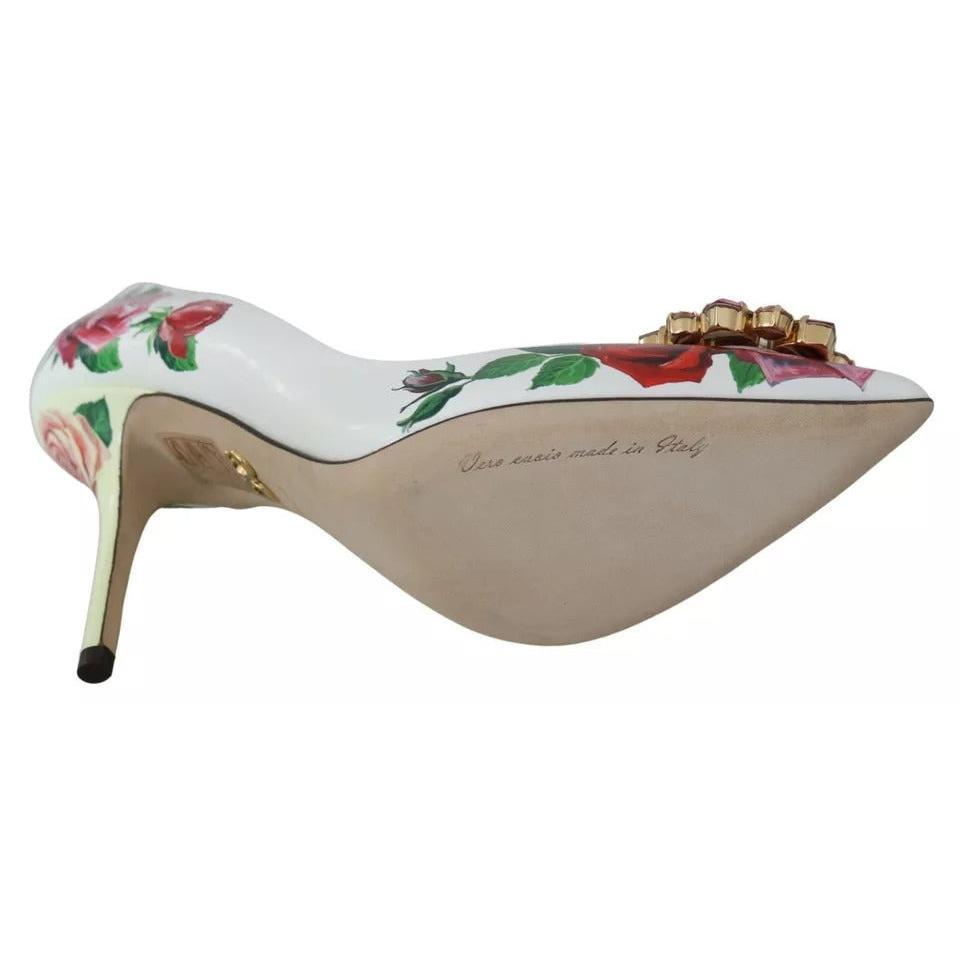 Dolce &amp; Gabbana White Leather Roses Crystal Pumps Shoes