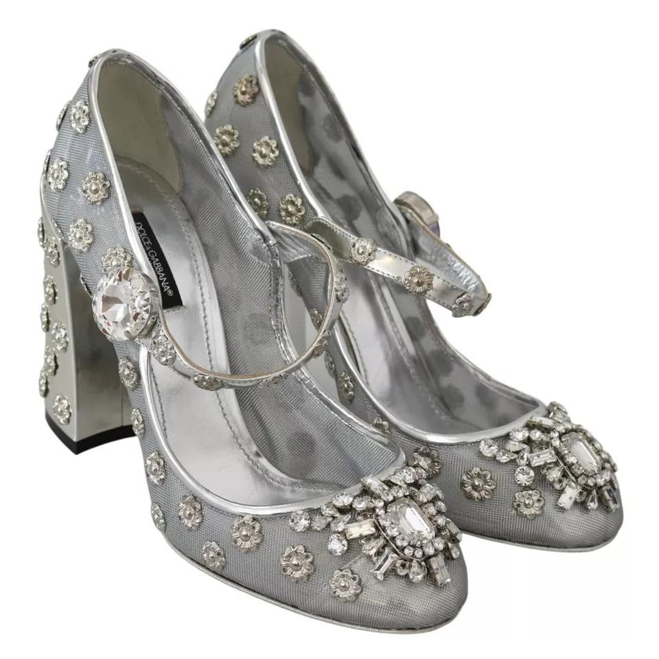 Dolce &amp; Gabbana Silver Crystal Studs Heels Mary Janes Pumps Shoes