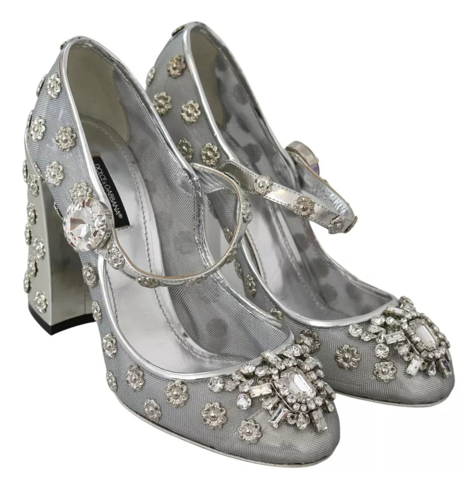 Dolce & Gabbana Silver Crystal Studs Heels Mary Janes Pumps Shoes