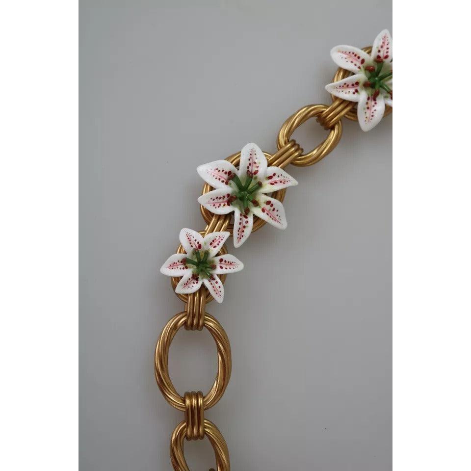 Dolce &amp; Gabbana Gold Brass Oversize Chain LILY Flowers Necklace