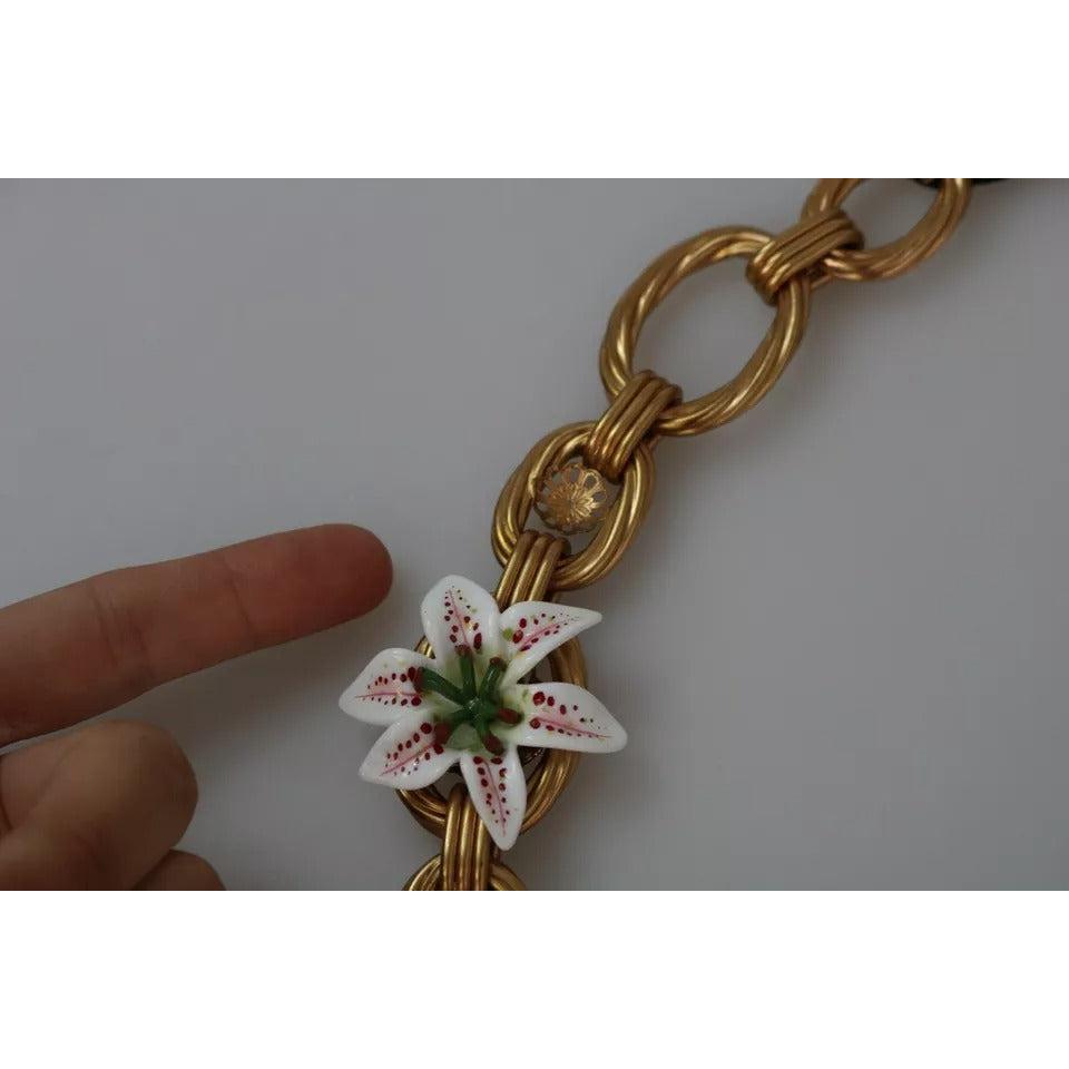 Dolce &amp; Gabbana Gold Brass Oversize Chain LILY Flowers Necklace