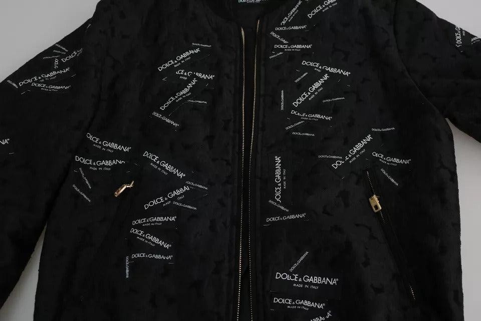 Dolce &amp; Gabbana Black Logo Patch Brocade Bomber Full Zip Jacket