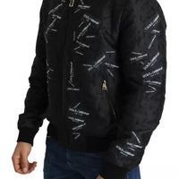 Dolce & Gabbana Black Logo Patch Brocade Bomber Full Zip Jacket