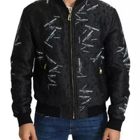 Dolce & Gabbana Black Logo Patch Brocade Bomber Full Zip Jacket