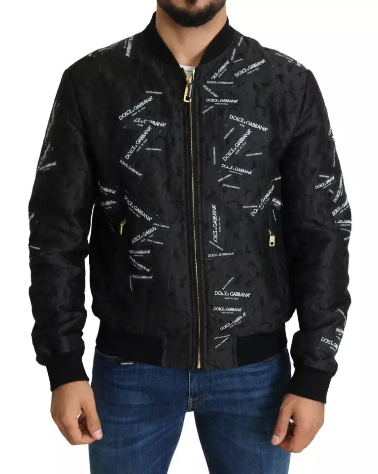 Dolce & Gabbana Black Logo Patch Brocade Bomber Full Zip Jacket