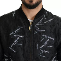 Dolce & Gabbana Black Logo Patch Brocade Bomber Full Zip Jacket