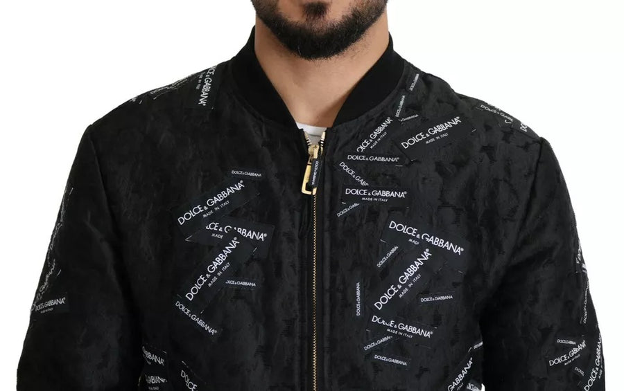 Dolce & Gabbana Black Logo Patch Brocade Bomber Full Zip Jacket