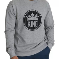 Dolce & Gabbana Gray Crown King Print Cotton Pullover Sweater