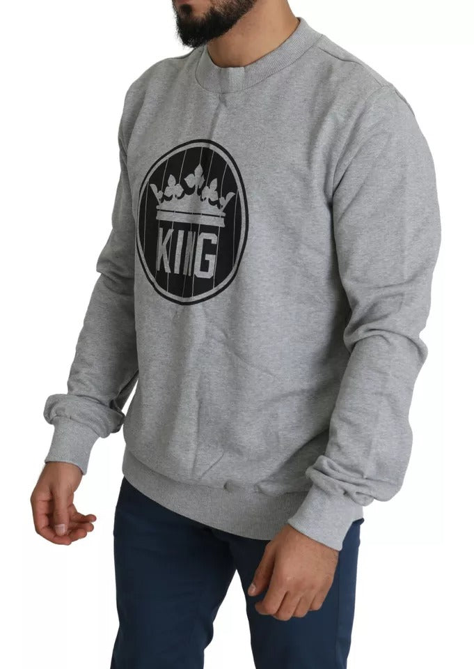 Dolce & Gabbana Gray Crown King Print Cotton Pullover Sweater