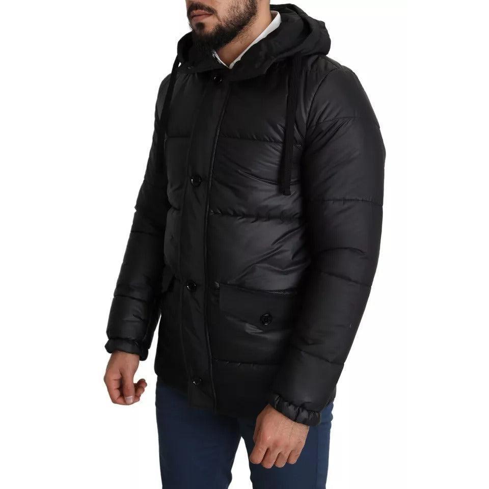Dolce &amp; Gabbana Black Hooded Polyester Men Coat Puffer Jacket