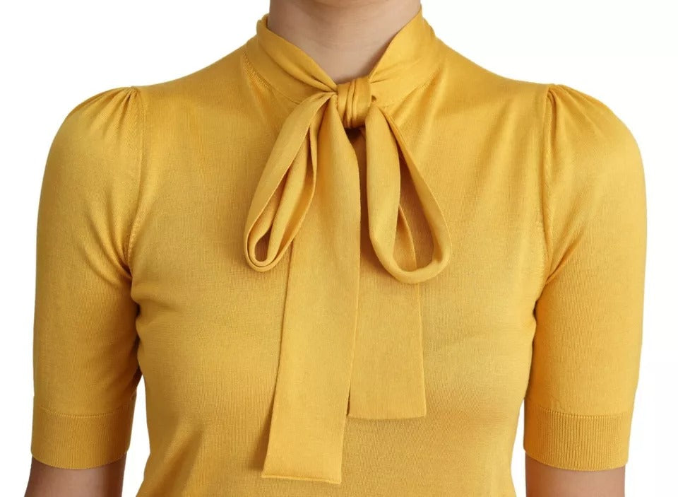 Dolce & Gabbana Yellow Silk Knit Pullover Ascot Collar Top