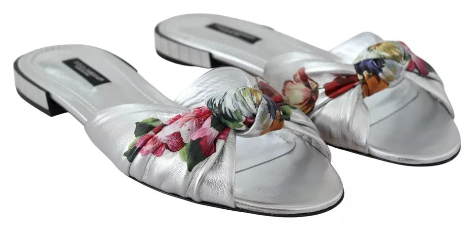 Dolce & Gabbana Silver Metallic Leather Floral Pattern Shoes