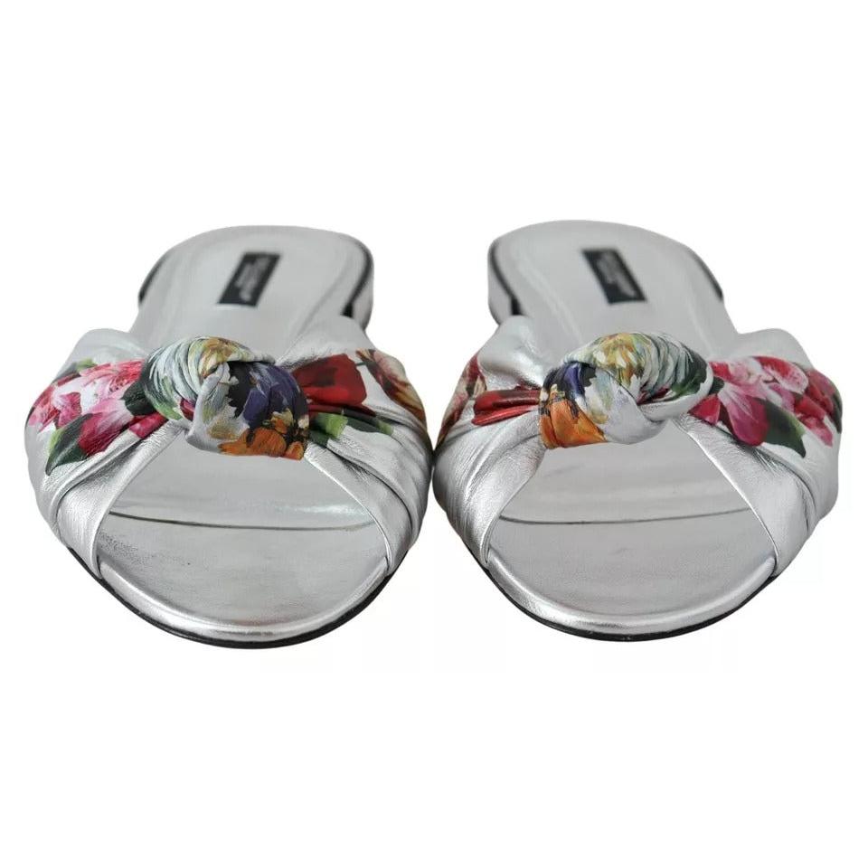 Dolce &amp; Gabbana Silver Metallic Leather Floral Pattern Shoes