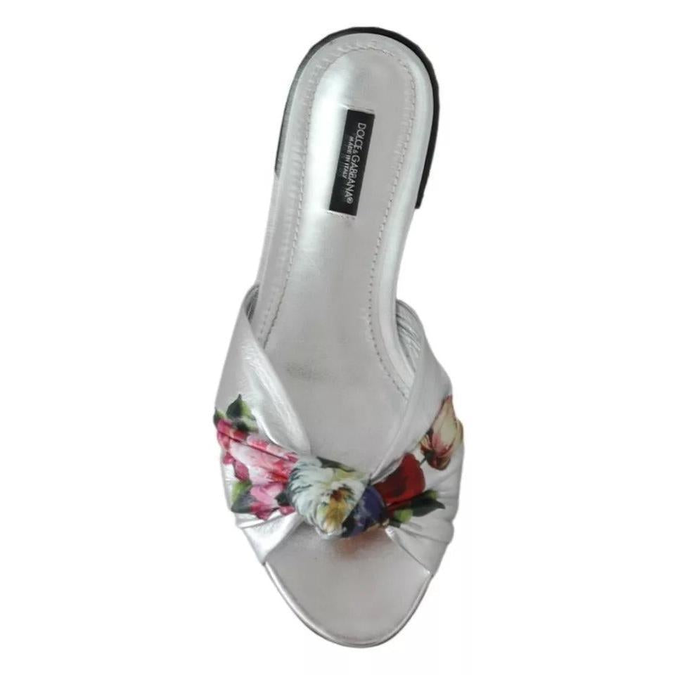 Dolce &amp; Gabbana Silver Metallic Leather Floral Pattern Shoes
