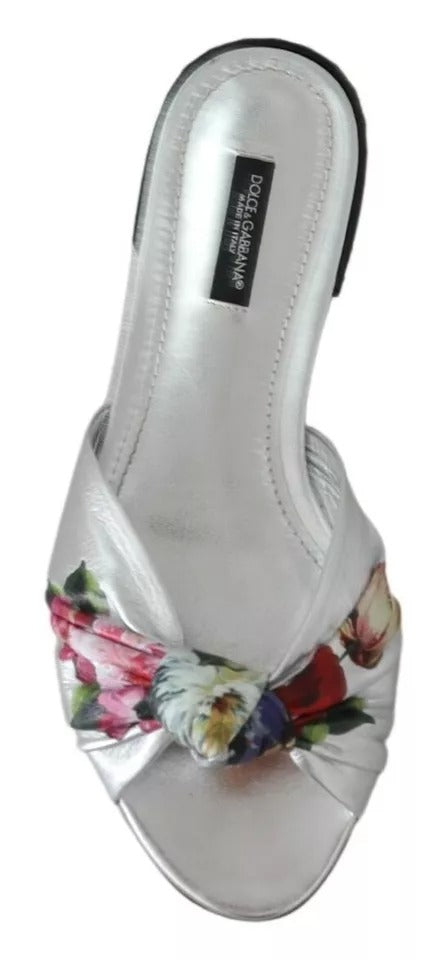 Dolce & Gabbana Silver Metallic Leather Floral Pattern Shoes