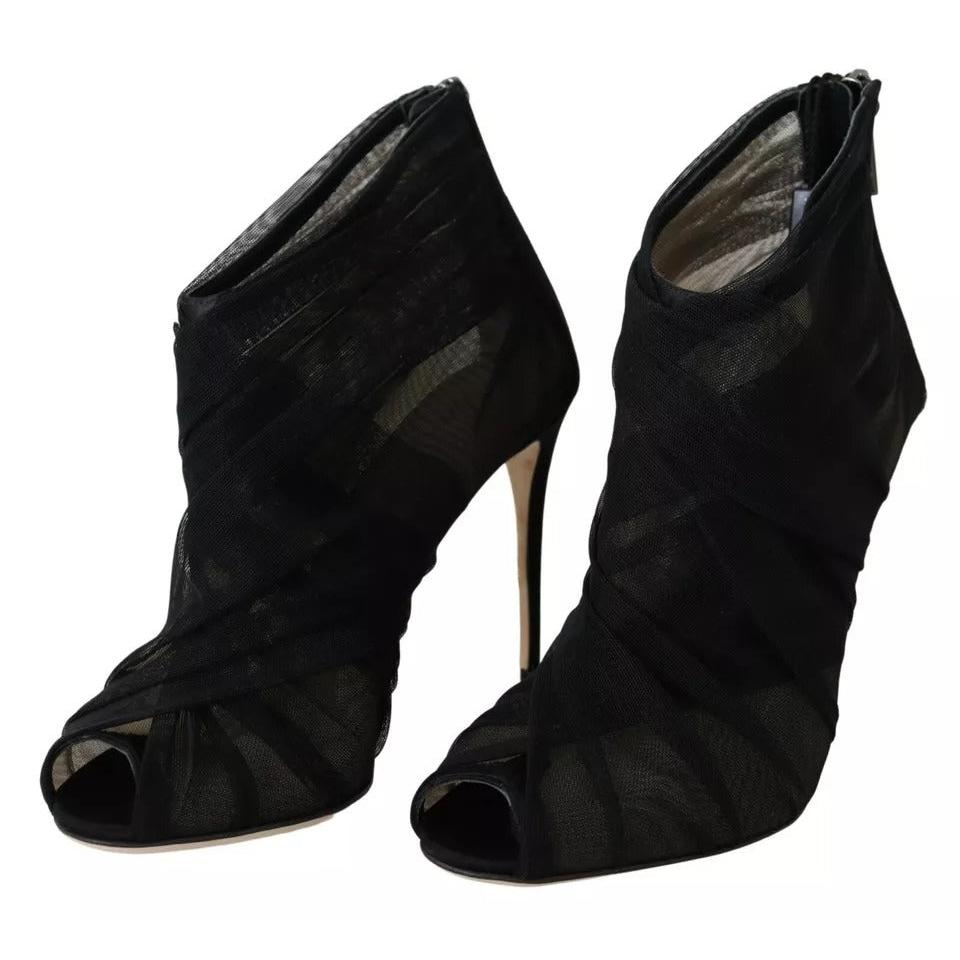Dolce &amp; Gabbana Black Tulle Ankle Boots Stiletto Heels Shoes