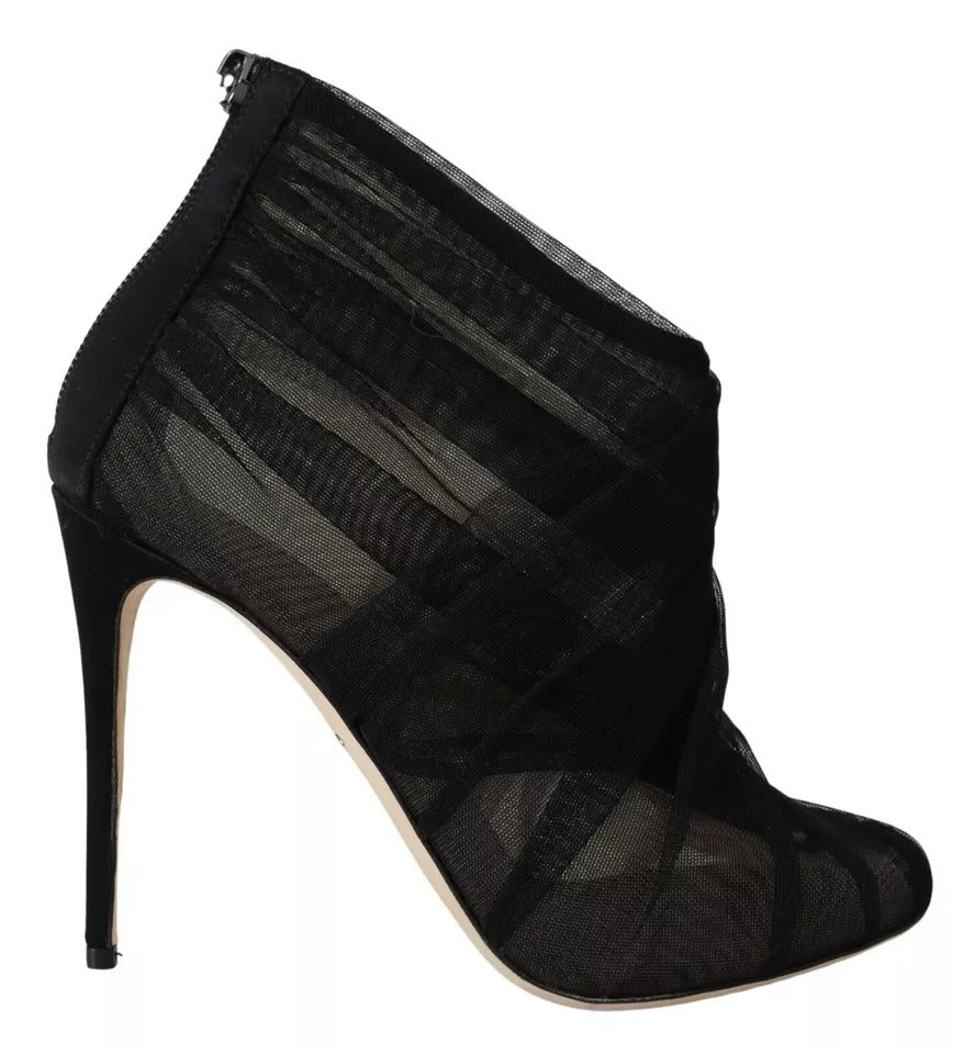 Dolce & Gabbana Black Tulle Ankle Boots Stiletto Heels Shoes