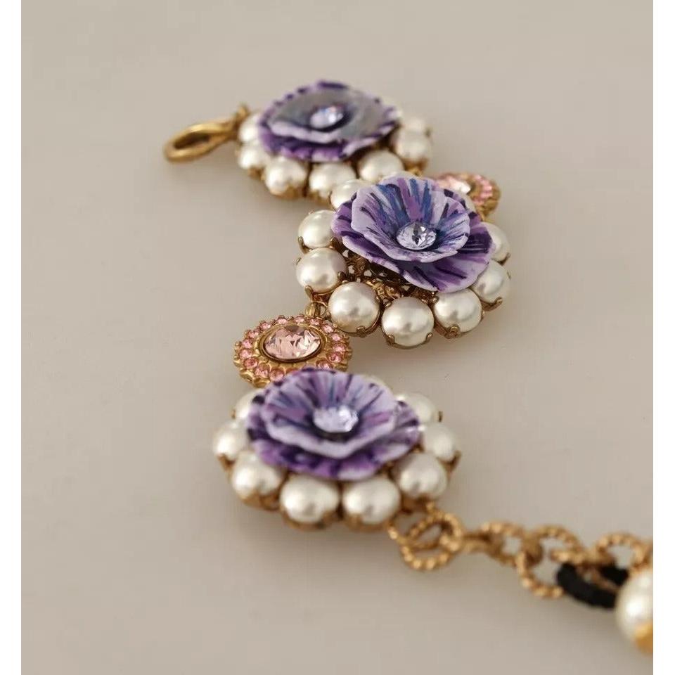 Dolce &amp; Gabbana FIORI BLOOMING Floral Baroque Crystals Brass Bracelet