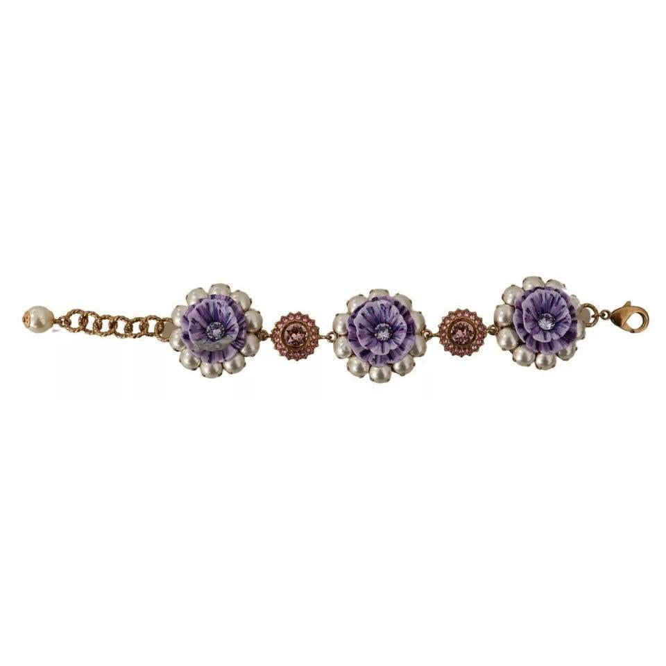 Dolce &amp; Gabbana FIORI BLOOMING Floral Baroque Crystals Brass Bracelet