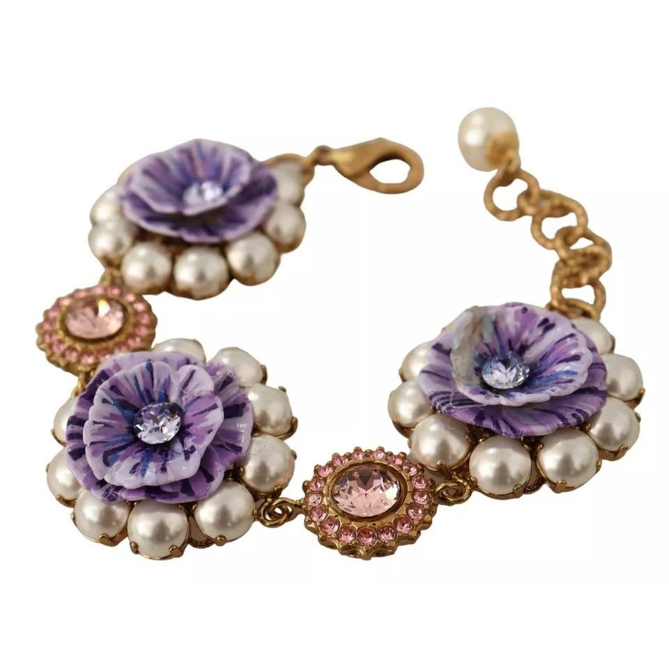 Dolce &amp; Gabbana FIORI BLOOMING Floral Baroque Crystals Brass Bracelet