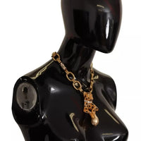 Dolce & Gabbana Gold Brass Chain Crystal Pearl Leopard Pendant Necklace