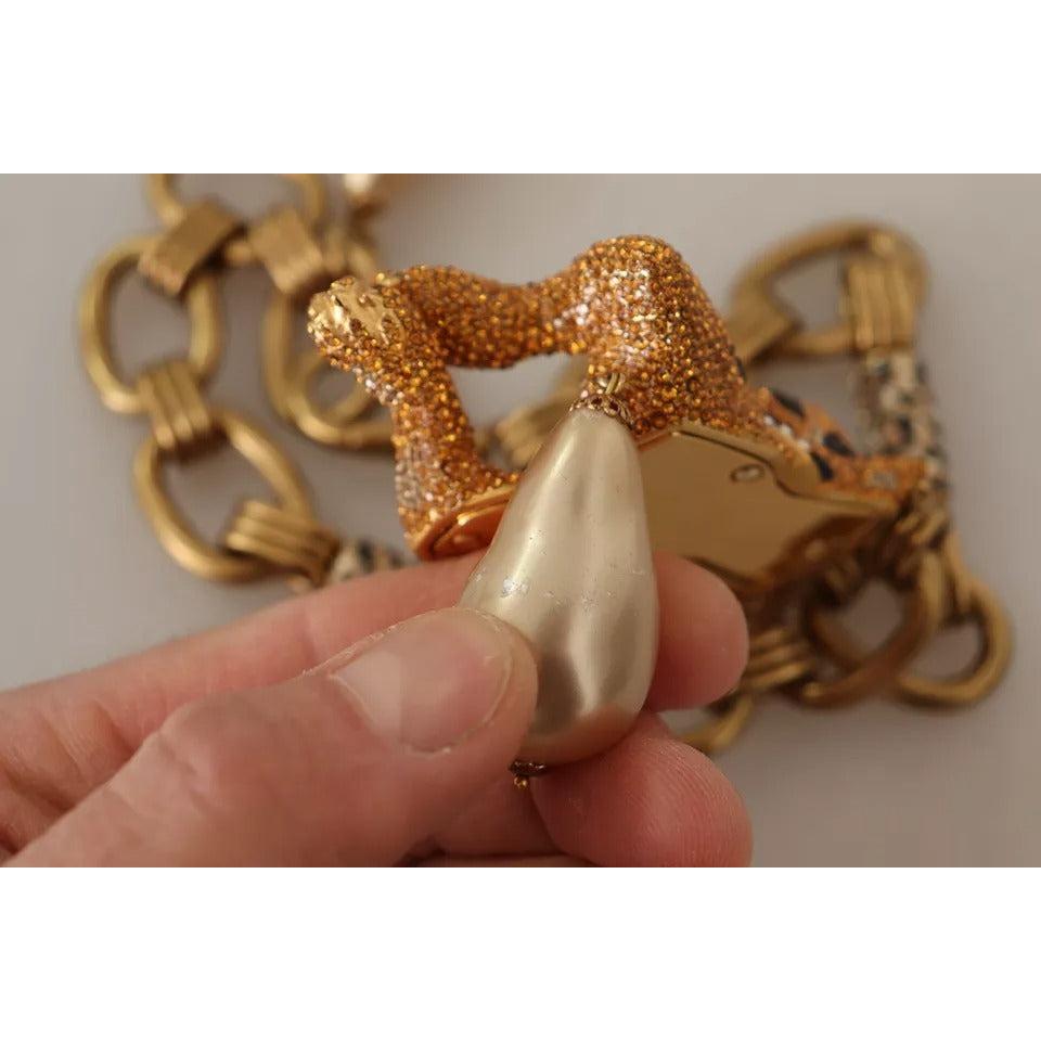 Dolce &amp; Gabbana Gold Brass Chain Crystal Pearl Leopard Pendant Necklace