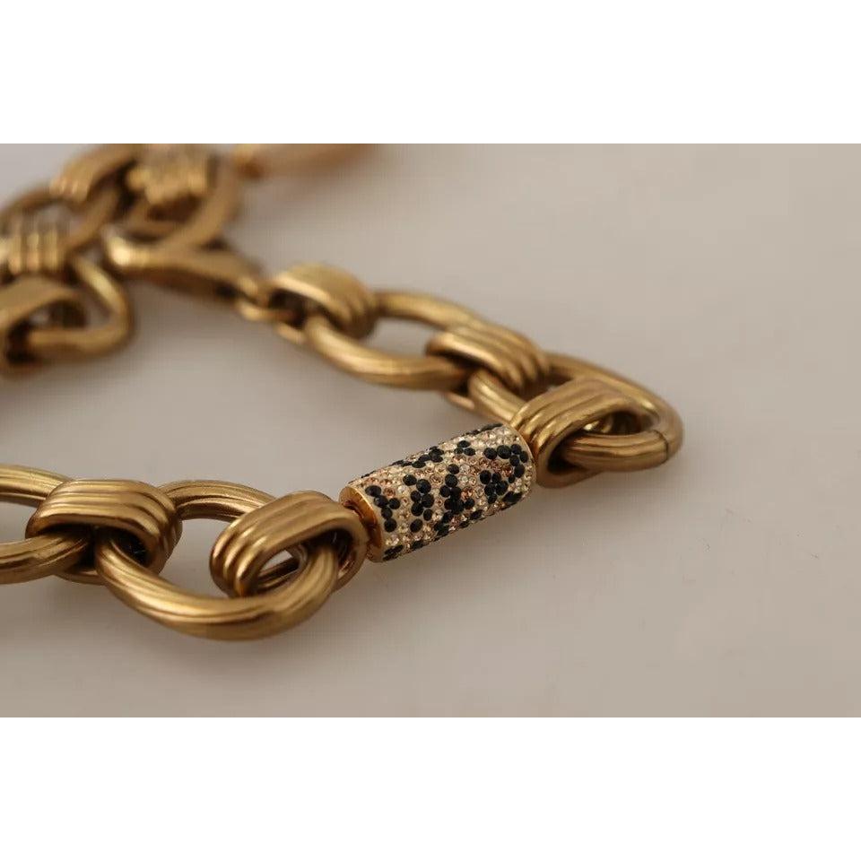 Dolce &amp; Gabbana Gold Brass Chain Crystal Pearl Leopard Pendant Necklace