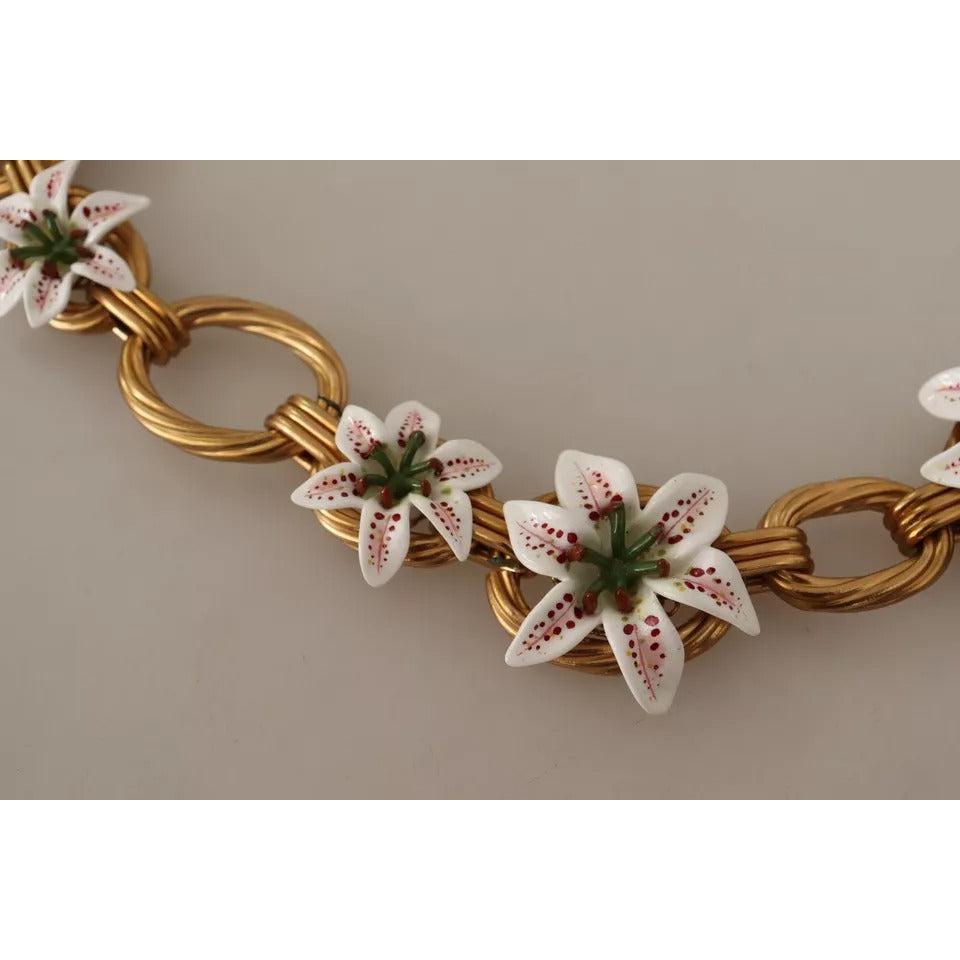Dolce &amp; Gabbana Gold Chain Lilium Floral Choker Statement Jewelry Necklace