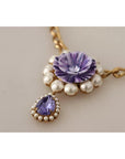 Dolce & Gabbana Gold Tone Floral Crystals Purple Embellished Necklace