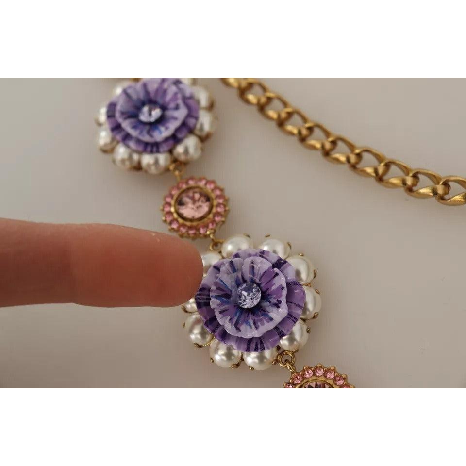 Dolce &amp; Gabbana Gold Tone Floral Crystals Purple Embellished Necklace