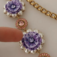 Dolce & Gabbana Gold Tone Floral Crystals Purple Embellished Necklace