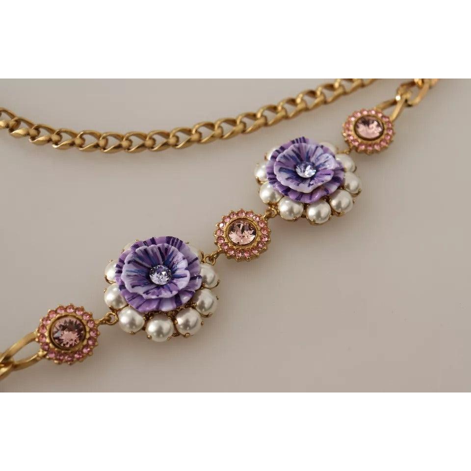 Dolce &amp; Gabbana Gold Tone Floral Crystals Purple Embellished Necklace