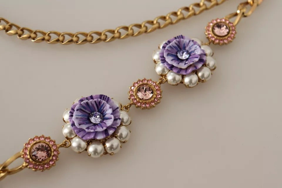 Dolce & Gabbana Gold Tone Floral Crystals Purple Embellished Necklace