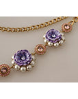 Dolce & Gabbana Gold Tone Floral Crystals Purple Embellished Necklace