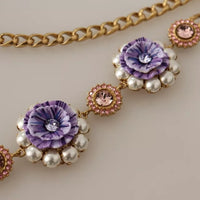 Dolce & Gabbana Gold Tone Floral Crystals Purple Embellished Necklace