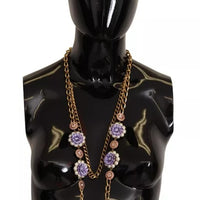 Dolce & Gabbana Gold Tone Floral Crystals Purple Embellished Necklace