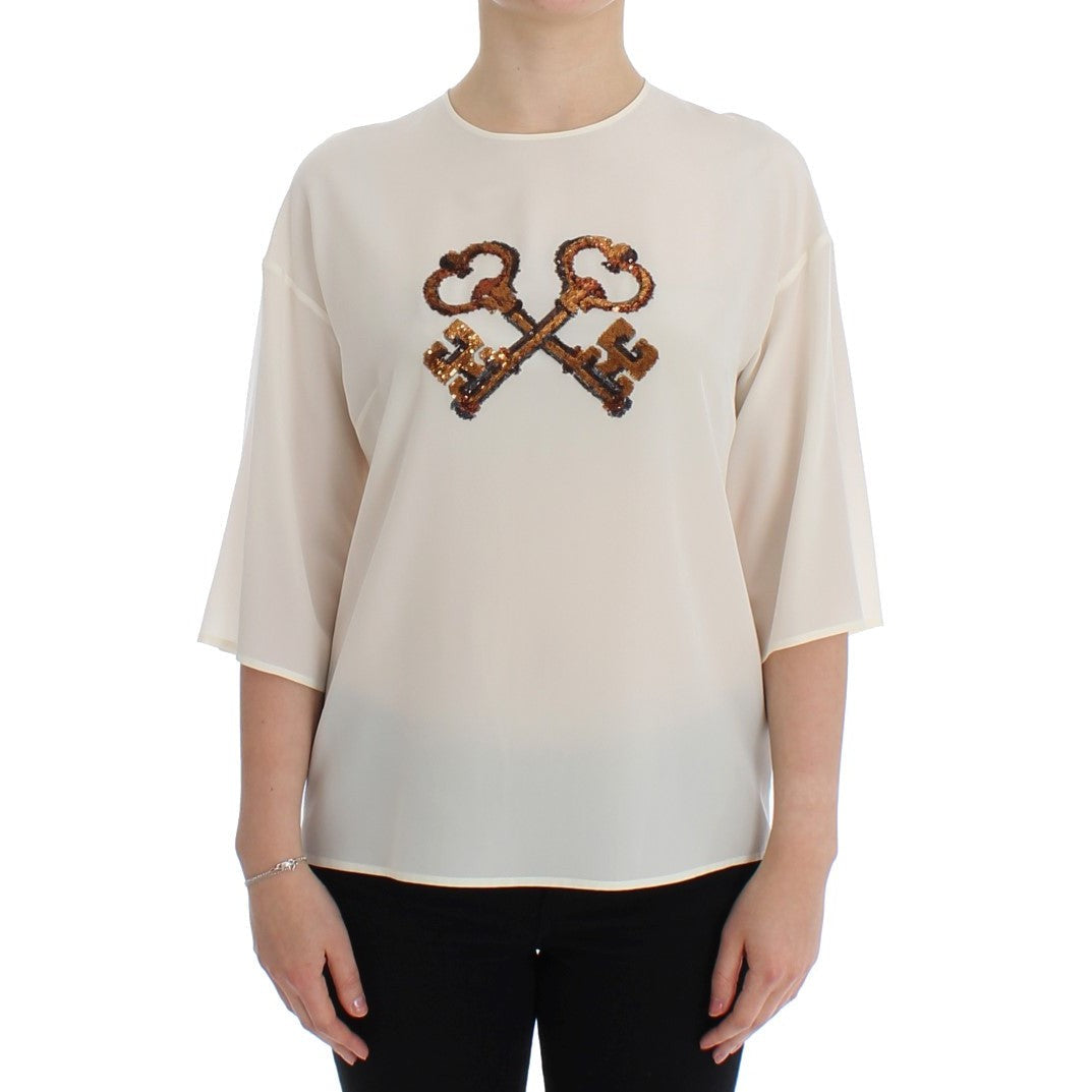 Dolce & Gabbana Ivory Sequined Silk Blouse Top