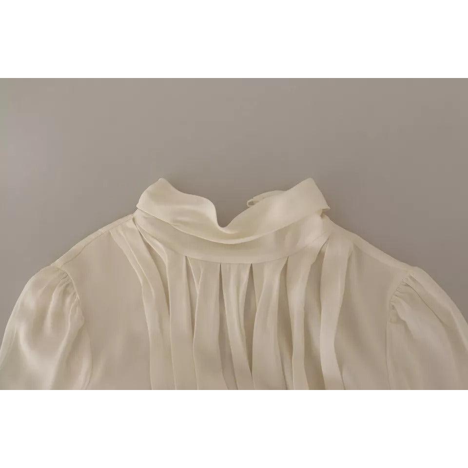 Dolce &amp; Gabbana Off White Silk Long Sleeve Turtle Neck Top