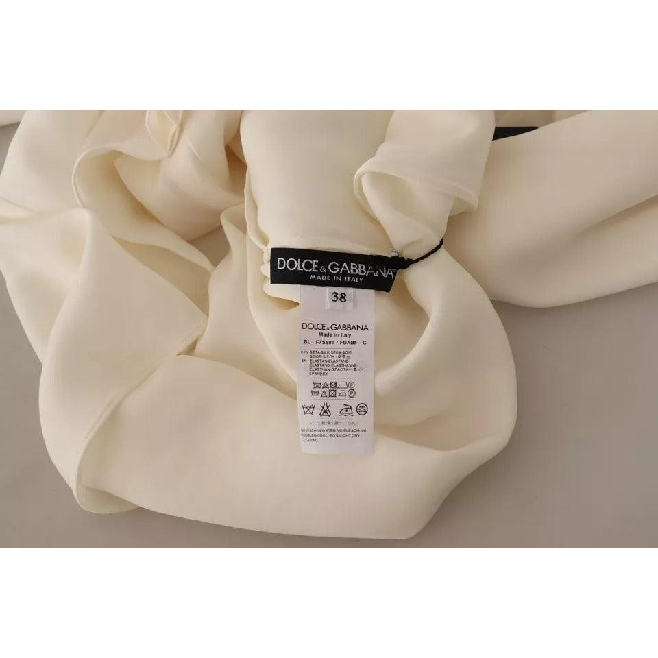Dolce &amp; Gabbana Off White Silk Long Sleeve Turtle Neck Top