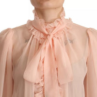 Dolce & Gabbana Light Pink Silk Long Sleeve Ascot Collar Top