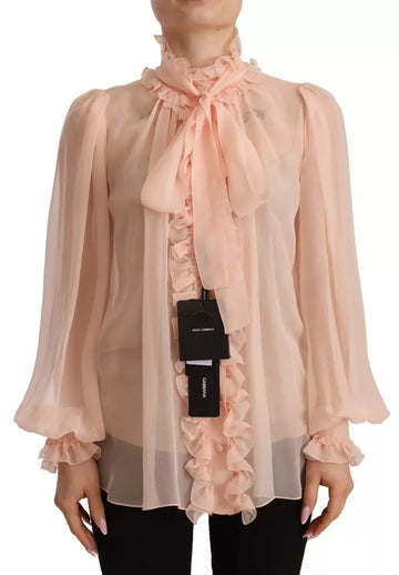 Dolce & Gabbana Light Pink Silk Long Sleeve Ascot Collar Top