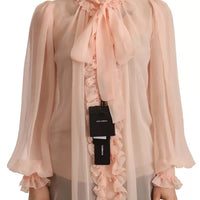 Dolce & Gabbana Light Pink Silk Long Sleeve Ascot Collar Top