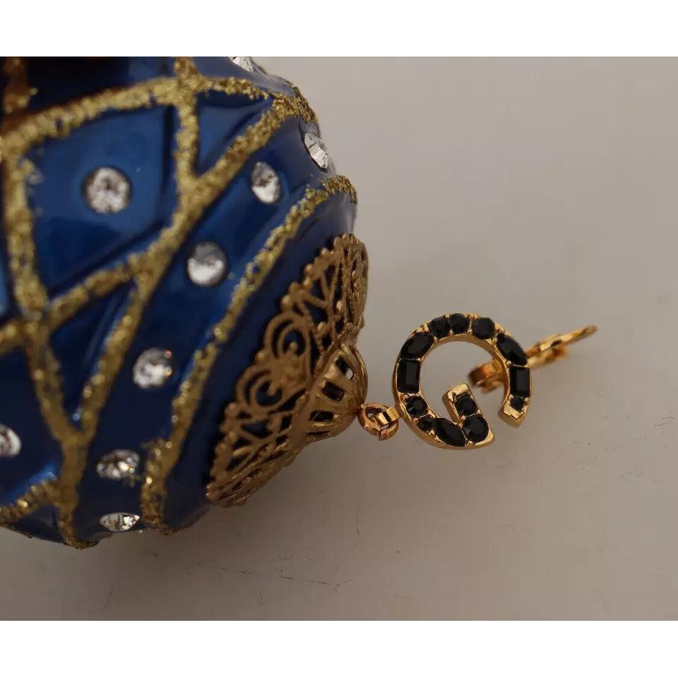 Dolce &amp; Gabbana Gold Brass Blue Christmas Ball Crystal Hook Jewelry Earrings