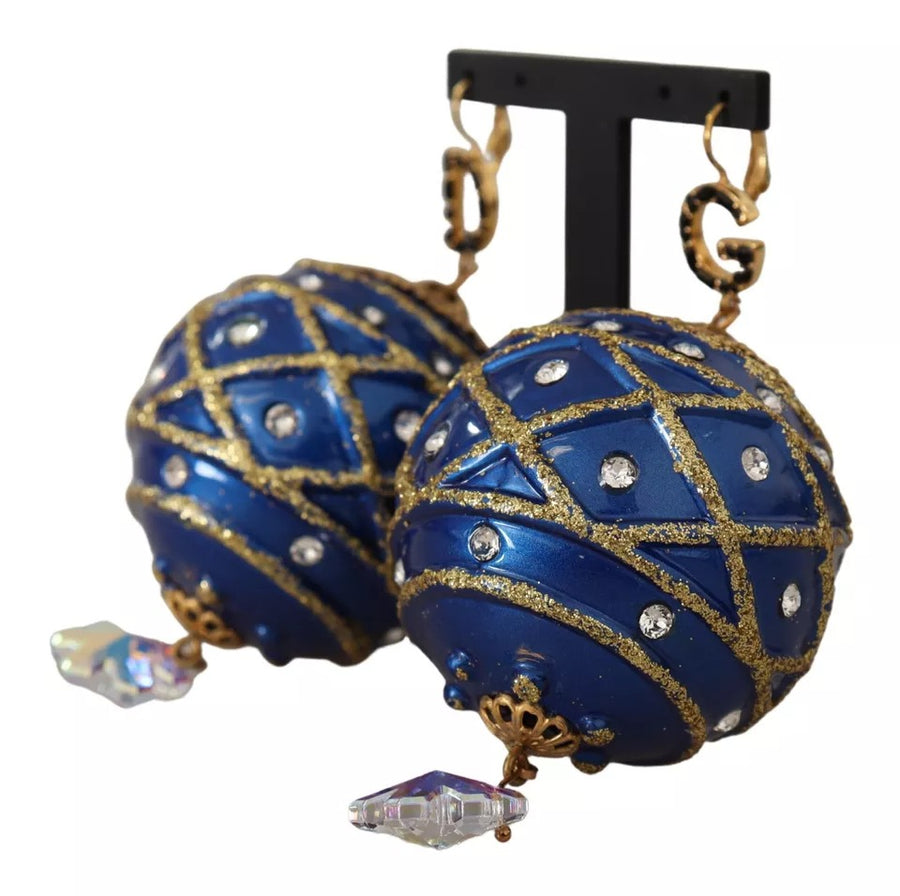 Dolce & Gabbana Gold Brass Blue Christmas Ball Crystal Hook Jewelry Earrings