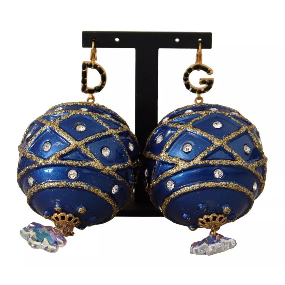 Dolce &amp; Gabbana Gold Brass Blue Christmas Ball Crystal Hook Jewelry Earrings