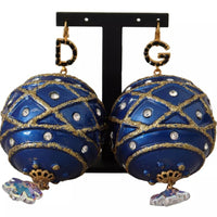 Dolce & Gabbana Gold Brass Blue Christmas Ball Crystal Hook Jewelry Earrings