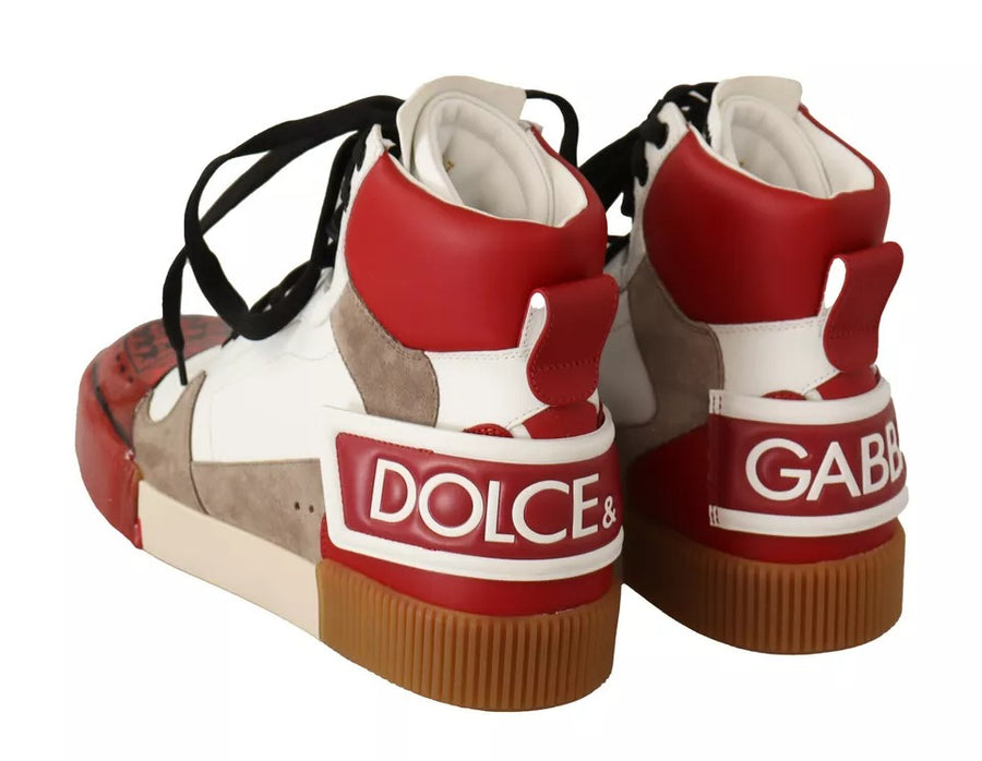 Dolce & Gabbana Red White Beige Leather High Tops Sneakers Shoes