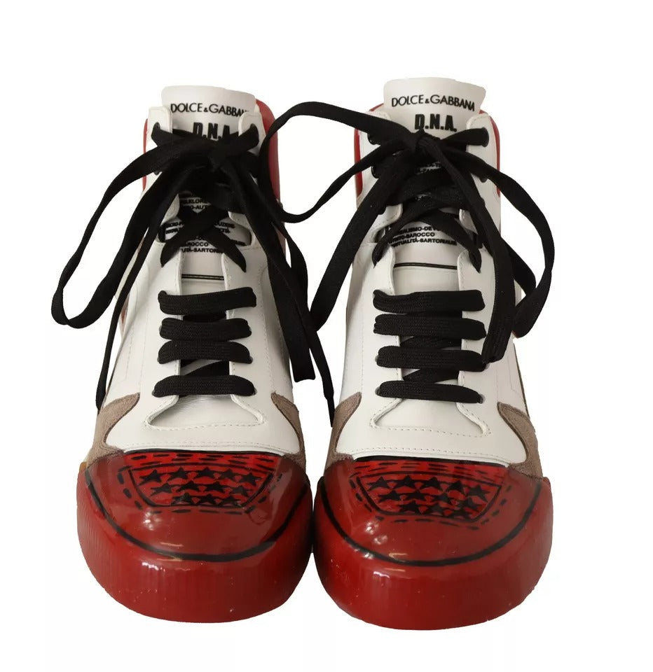 Dolce & Gabbana Red White Beige Leather High Tops Sneakers Shoes